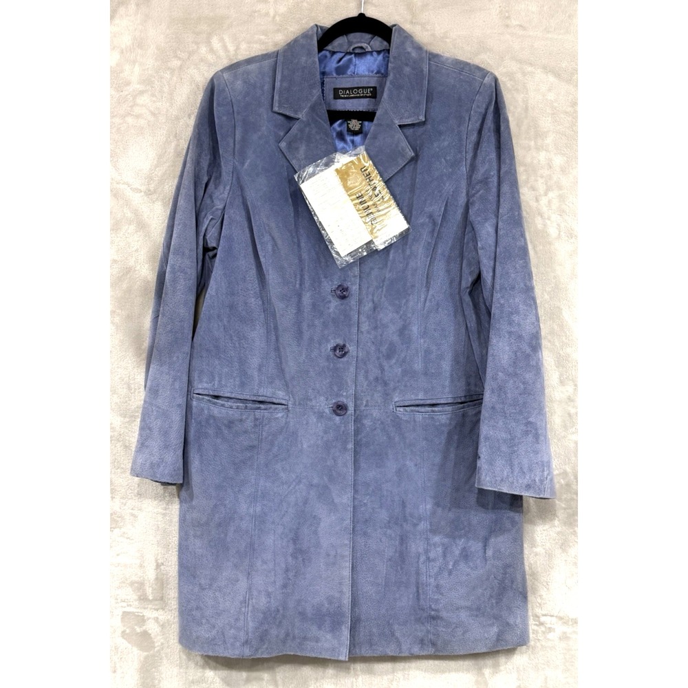 NWT Vintage Y2K Periwinkle Blue Genuine Suede Leather Longline Car Coat Jacket L